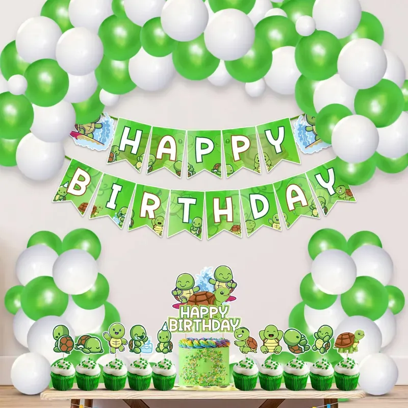 Turtle Theme 37 Pcs Birthday Party Decoration Kit Kids Safe Latex Balloons Cardstock Banner Cake Topper (Pack of 3)