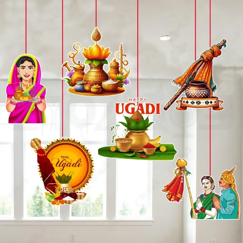 Happy Ugadi Festival 7 Pcs Cutouts Kit Multi Colour Wall Ceiling Hangings Traditional New Year Décor (Pack Of 5)