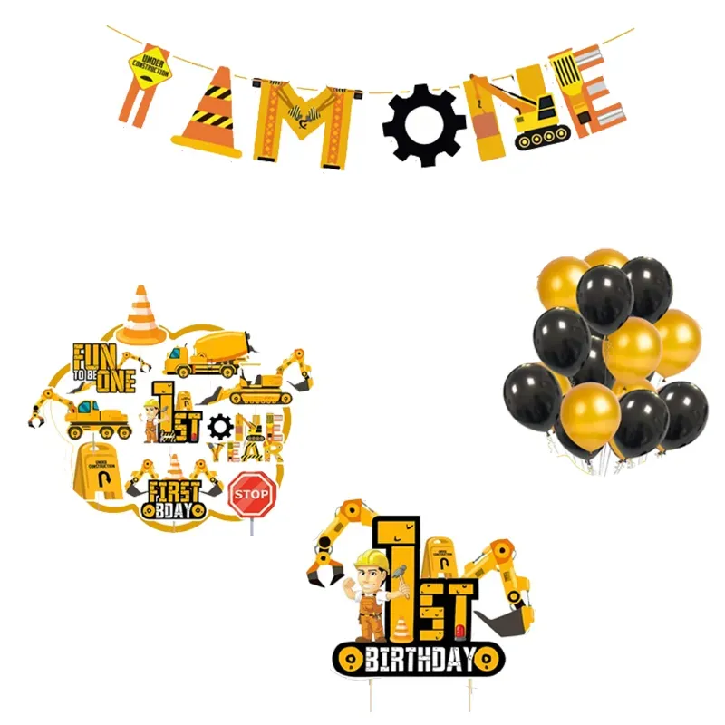 37 Pcs Under Construction Theme 1st Birthday Cake & Cupcake Toppers with I AM ONE Banner and Balloons for Boy (Pack of 2)