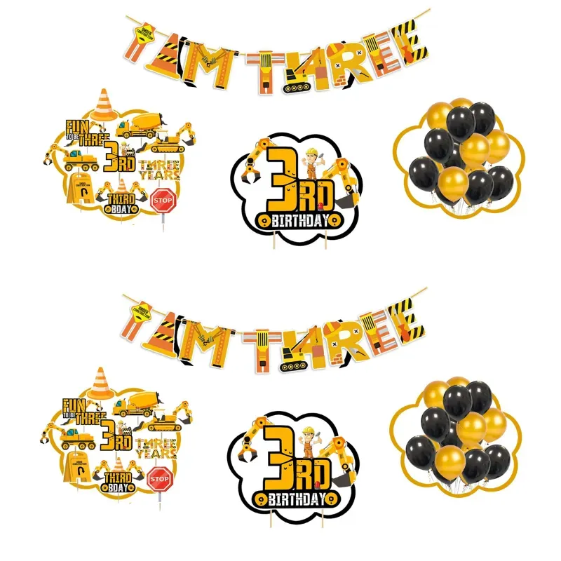 37 Pcs Under Construction Theme 3rd Birthday Cake & Cupcake Toppers with I AM THREE Banner and Balloons (Pack of 2)