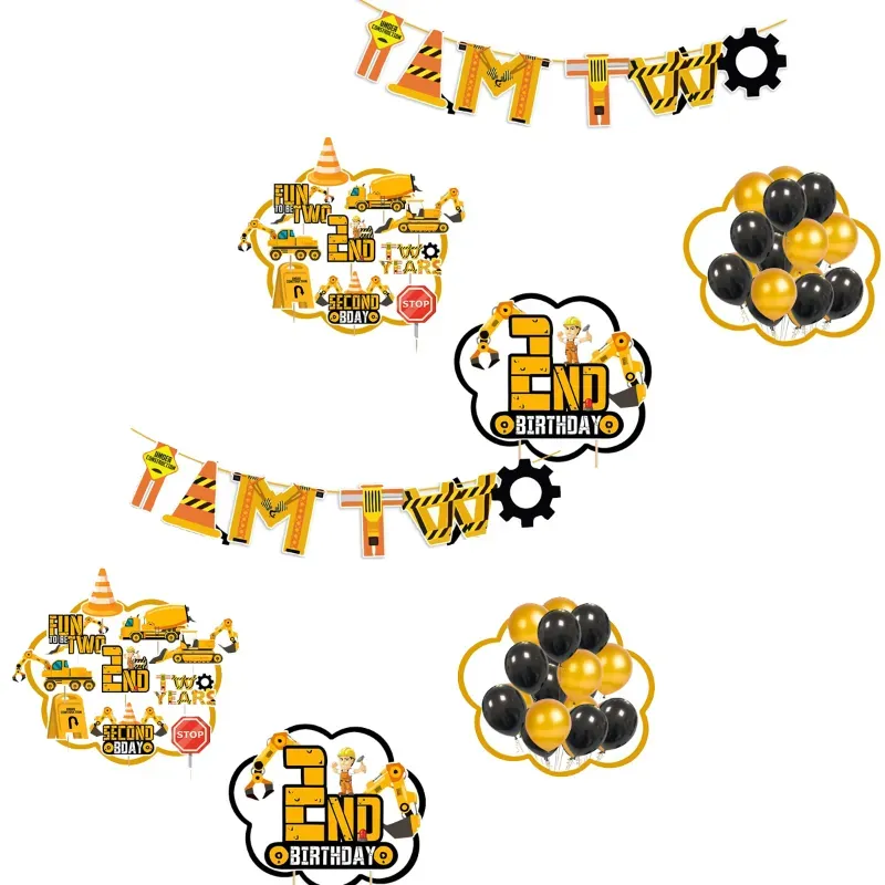 37 Pcs Under Construction Theme 2nd Birthday Cake & Cupcake Toppers with I AM TWO Banner and Balloons for Boy (Pack of 2)