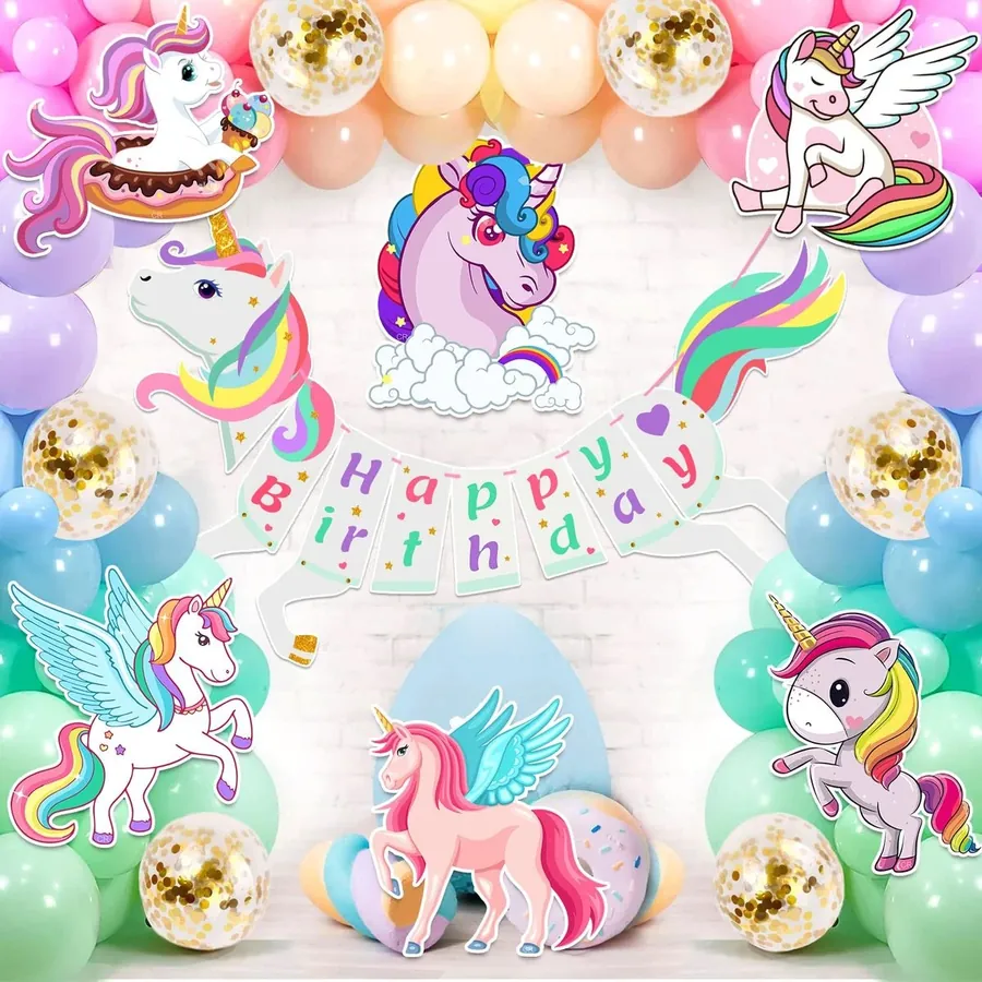 54pcs Unicorn Birthday Decoration Kit, Paper Banner, Cardstock Cutouts, Arch, Glue Dots, Balloons (Pack of 3)
