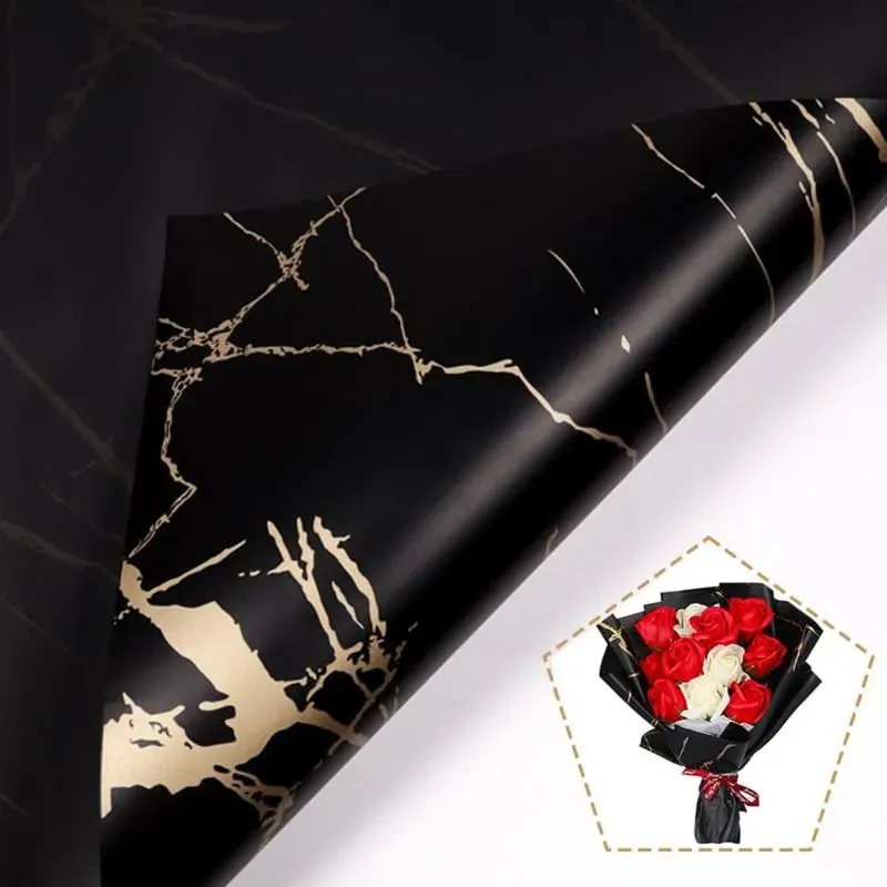 Black & Gold Waterproof Marble Flower Wrapping Paper Sheets, 20 Pcs, Pack of 2, Includes 3 Pull Bow Ribbons