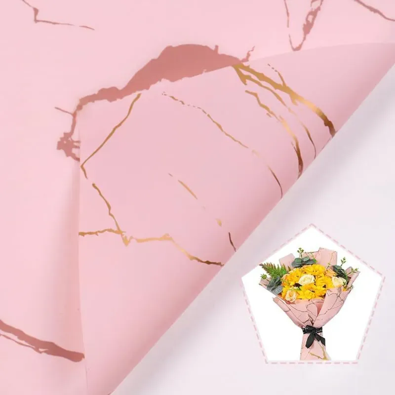 Baby Pink & Gold Waterproof Marble Flower Wrapping Paper Sheets, 20 Pcs, Pack of 2, Includes 3 Pull Bow Ribbons