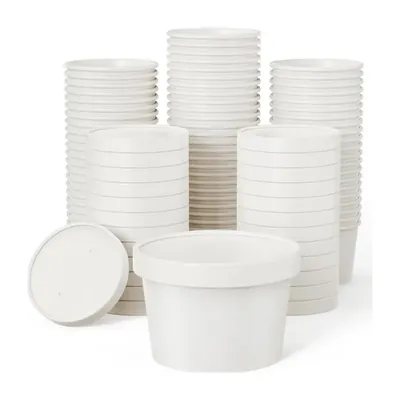 1000 Pcs, 900 ml White Disposable Paper Container with Lid for Salads, Soups, Desserts