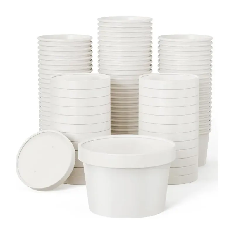 1000 Pcs, 900 ml White Disposable Paper Container with Lid for Salads, Soups, Desserts