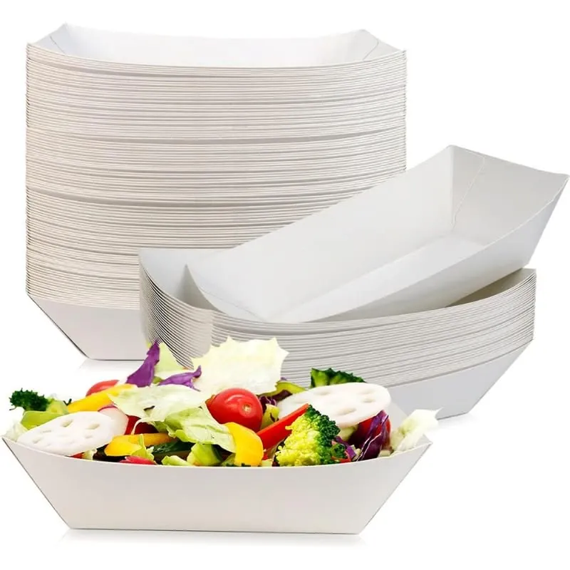 750 ml Disposable White Kraft Paper Food Trays 500 Pcs, Leak-Resistant, Compostable & Microwave-Safe for Parties