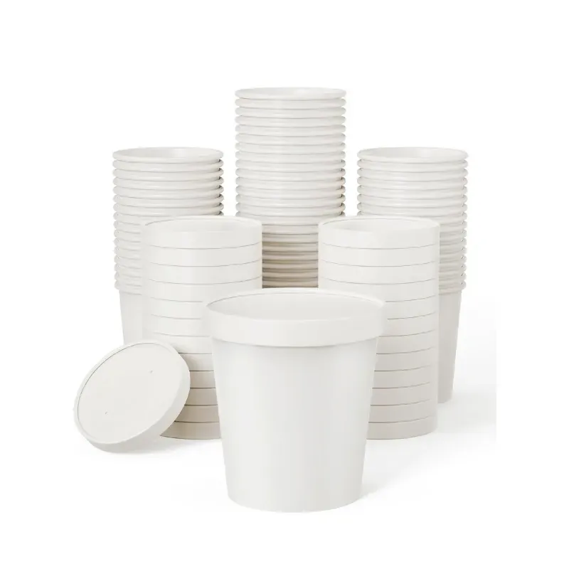 1000 Pcs, 700 ml White Disposable Paper Container with Lid for Salads, Soups, Desserts