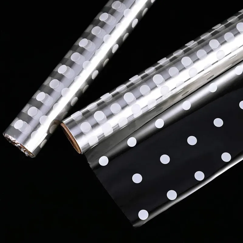 Pack of 2 White Polka Dot Cellophane Roll 20 m x 70 cm Waterproof Gift Wrap + 3 Bows