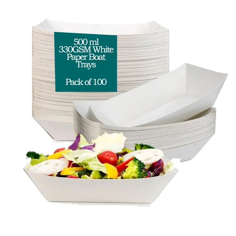 100 Pcs, 500 ml 330 GSM White Paper Disposable Boat Trays for Salad, Fruit, Cookies Servings