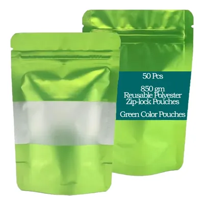 POCHEON 850 g Reusable Polyester Zip-lock Pouches for Cereals, Pulses, Dry fruits, Coffee-beans (Color-Green Pouches) (Pack of 50)