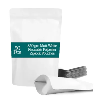 POCHEON 850 g Matt White Reusable Polyester Ziplock Pouches for Cashew Nuts, Masala, Dry-Fruits packaging (Pack of 50)