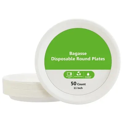 11 Inch Bagasse Round Plates, Biodegradable Microwave Safe, Disposable Party Dinnerware 700 Pcs