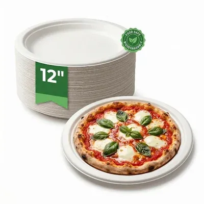 12 Inch Bagasse Round Plates, Biodegradable Microwave Safe, Disposable Party Dinnerware 600 Pcs