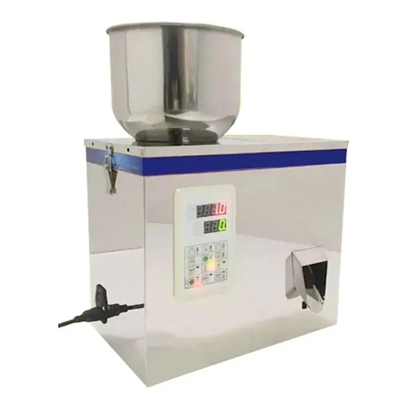Tabletop 1 g to 50 g Stainless Steel Body Granule Filling Machine with Double Vibrator for Free Flow Powder Filling