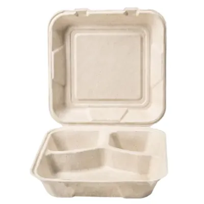 VEGNAR 8 x 8 3CP Brown Bagasse Clamshell Box, 3 Compartment Meal Prep Box, Microwave Safe (Pack of 200)