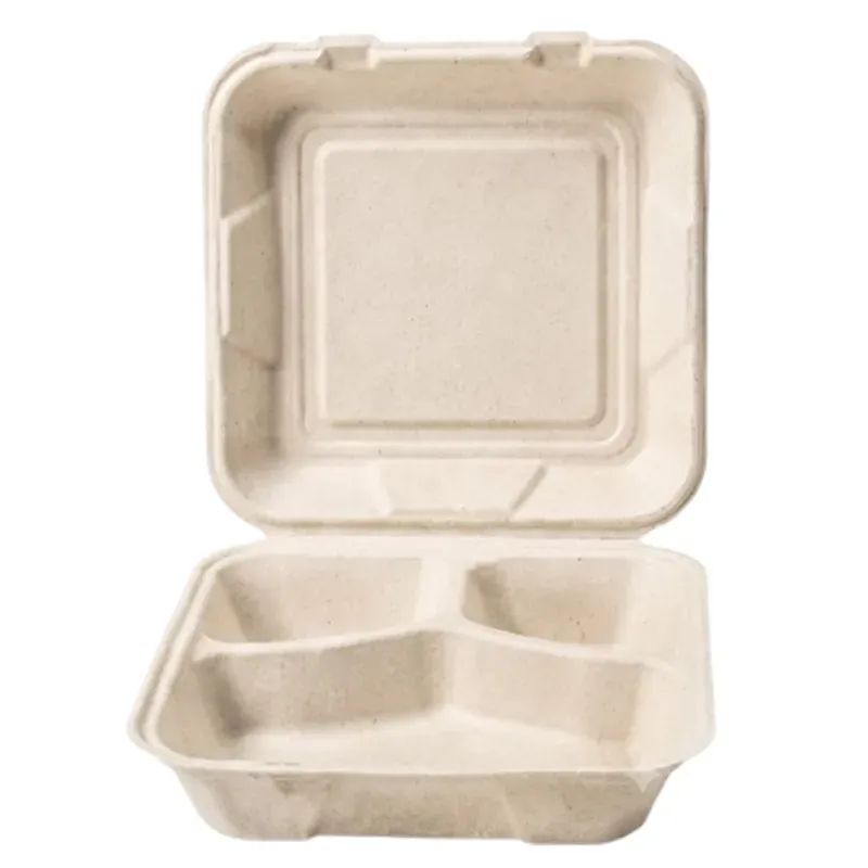 VEGNAR 9 x 9 3CP Brown Bagasse Clamshell Box, 3 Compartment Meal Prep Box, Microwave Safe (Pack of 200)