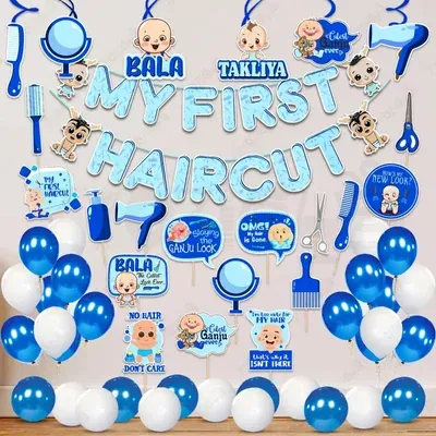 48 Pcs First Hair Cut Blue White Mundan Decor Kit Paper Banner With Metallic Balloons & Photo Props (Pack Of 3)