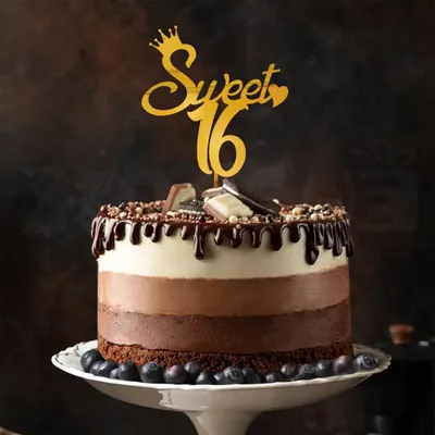 Metallic Gold Sweet 16 Acrylic Cake Topper For 16th Birthday Party Reusable Crown Design (Pack of 5)