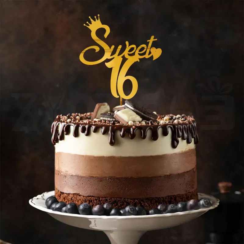 Metallic Gold Sweet 16 Acrylic Cake Topper For 16th Birthday Party Reusable Crown Design (Pack of 5)