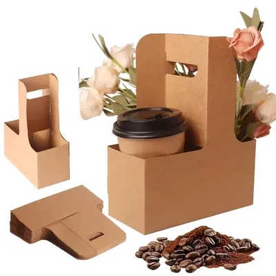 2-Cup Drink Carrier with Handle, Disposable Kraft Paperboard, Foldable Beverage Tray for Hot/Cold Drinks (Pack-50 pcs)