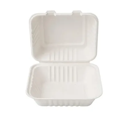 VEGNAR 6 x 6 650 ml White Bagasse Clamshell Burger Box, Microwave Safe Leakproof Eco Takeaway (Pack of 500)