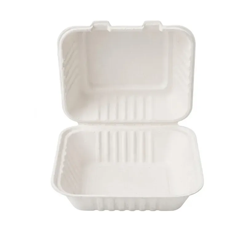 VEGNAR 6 x 6 650 ml White Bagasse Clamshell Burger Box, Microwave Safe Leakproof Eco Takeaway (Pack of 500)