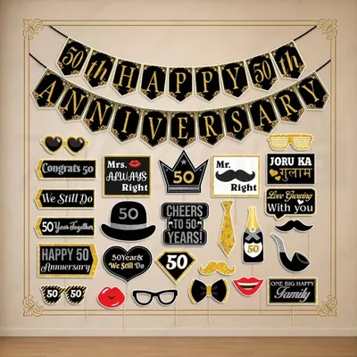 31 Pcs 50th Golden Anniversary Decor Kit with Black Gold Banner Props (Pack-3 pcs)