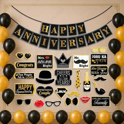 55 Pcs Anniversary Decor Kit with Black and Gold Banner Balloons with Photo Booth Props (Pack-3 pcs)