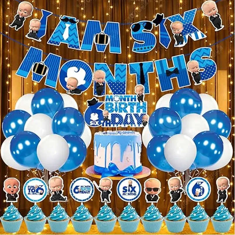 6 Month Decor Kit 38 Pcs Baby Boy Half Birthday Blue White Balloons Banners & Lights (Pack of 3)