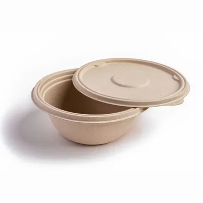 VEGNAR 750 ml Bagasse Bowl Heavy Duty Compostable Disposable Round Container with Lid Natural Brown (Pack of 300)