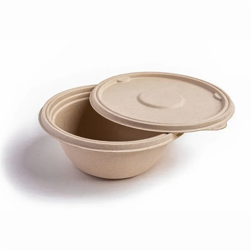 VEGNAR 750 ml Bagasse Bowl Heavy Duty Compostable Disposable Round Container with Lid Natural Brown (Pack of 300)