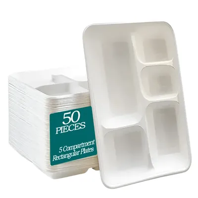 5 Compartment Rectangular Eco-friendly Plates (Pack-50)