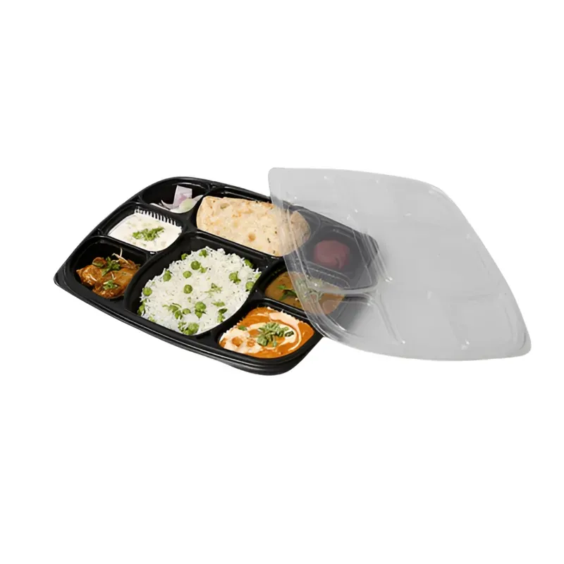 8 Compartment 300 Micron Plastic Meal Tray With Lid, for Thali, Dining and Outdoor Events (Pack-50)