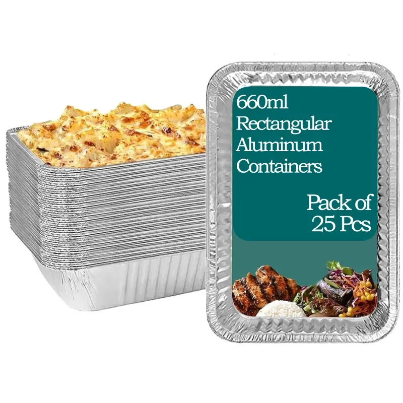 660 ml Aluminum Rectangular Disposable Container with White Paper Lid for Safe and Secured Food Packaging (Pack-25 pcs)