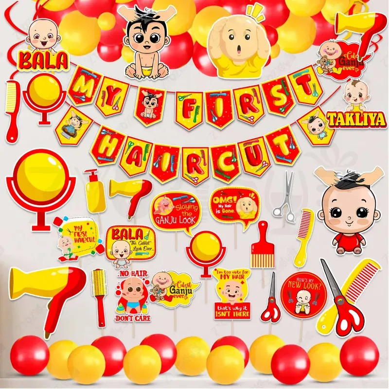 54 Pcs Mundan Decoration Kit Red Yellow Baby First Hair Cut Banner Props Swirl Balloons Cutouts (Pack Of 3)