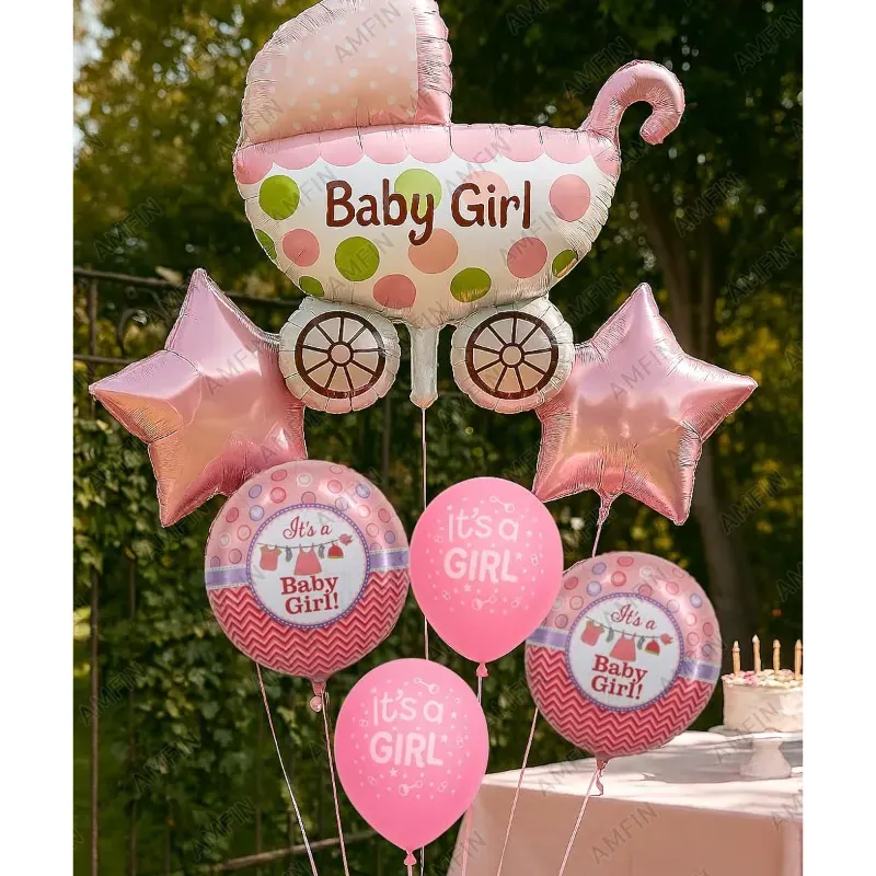 AMFIN x 7Pcs Kit of Pink Baby Shower Decoration Items, Girl Baby Arrival Welcome Foil Balloon for Maternity Shoot (Pack of 3)