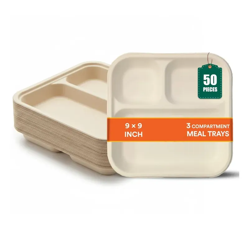 3 Compartment 9 Inch Bagasse Meal Tray, Sturdy, Compostable & Heat-Safe, Perfect for Parties, Events & Buffets (Pack-50 Pcs)