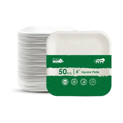 6 Inch Square Bagasse Disposable Plates for Birthday Wedding Party Catering & Events (Pack-50 Pcs)