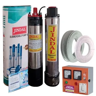 Jindal 1 HP 8 Stage (V4) 1Ph Oil Cooled Submersible Pump With CP, 30 m Cable & 30 m Safety Wire