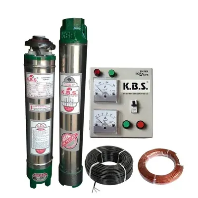 KBS 1.5 HP 15 Stage(3 Inch) V3 Single Phase Water Cooled Submersible Pump With Control Panel, 50 m Submersible Cable, Safety Wire