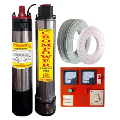 CROMPOWER 1 HP 8 Stage 1Phase (V4) Oil Cooled Submersible Pump With CP, 30 m Cable & 30 m Safety Wire