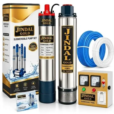 Jindal Gold 2 HP 12 Stage V4 Single Phase Water Cooled Submersible Pump, 100 ft Head, 9000 LPH, With CP, 30 m Submersible Cable, Safety Wire