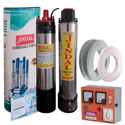 Jindal 1.5 HP 12 Stage (V4) 1Ph Oil Cooled Submersible Pump With CP, 30 m Cable & 30 m Safety Wire