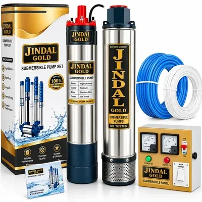 JINDAL GOLD 3 HP 15 Stage(4 Inch) V4 1Ph Water Cooled Submersible Pump With CP, 30 m Submersible Cable, Safety Wire